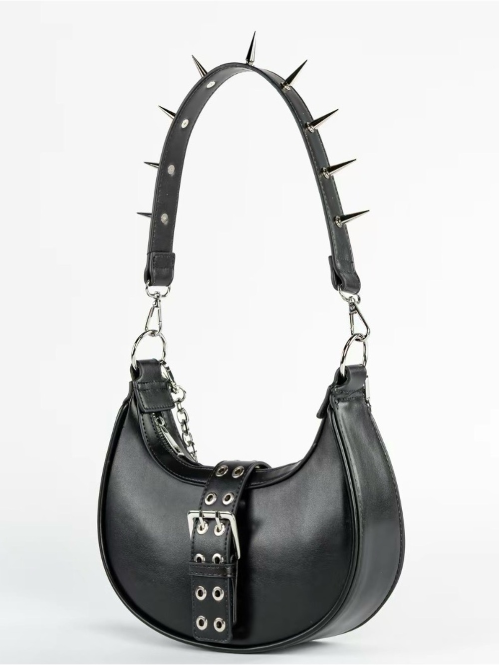 Black Spiked Leather Shoulder Bag with Buckle Detail